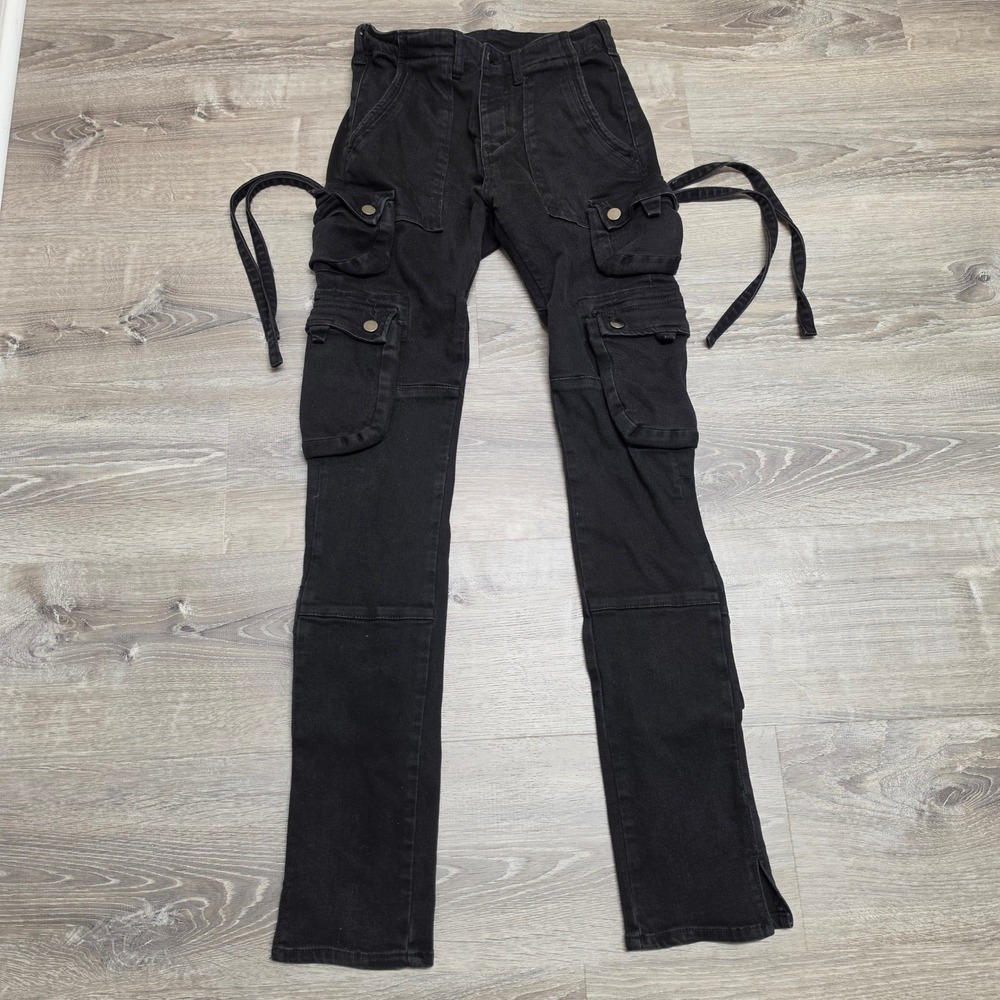 MNML Mens Black Cargo Pants Slim Stacked Multi Pocket Strap Detail Size 28x36